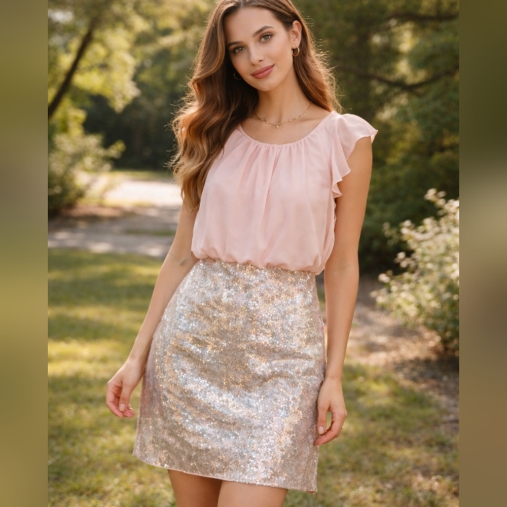 NWOT Hailey By Adrianna Papell Blush Sequin Mini Dress Ruffle Sleeve Size 4